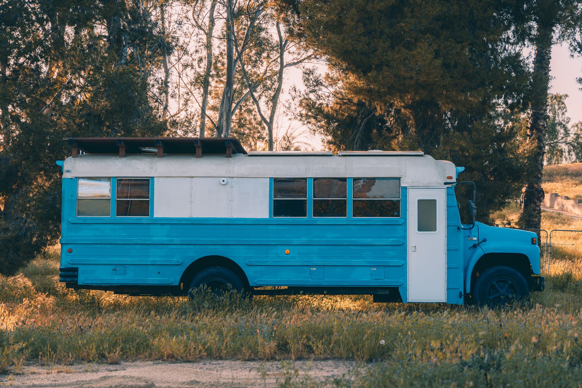 A parked vintage bus among trees at sunset