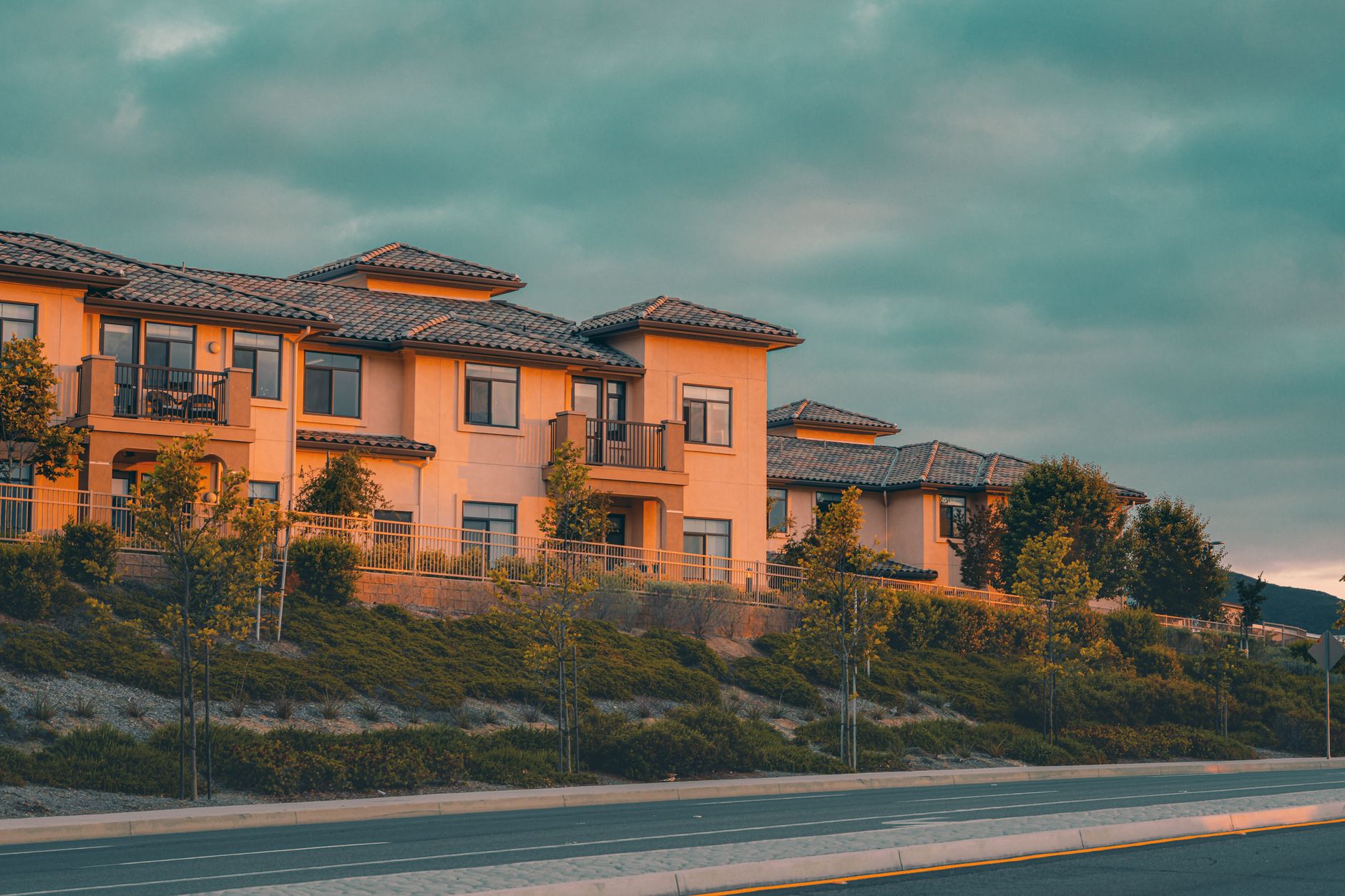 Contemporary upscale residential buildings in Temecula, CA, captured at sunset
